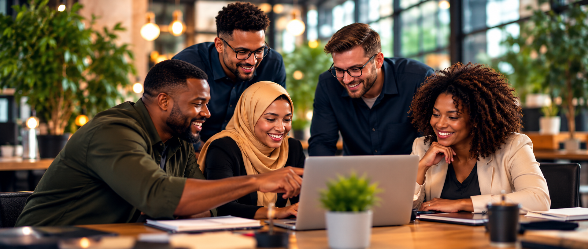 Diverse entrepreneurs collaborating around a laptop